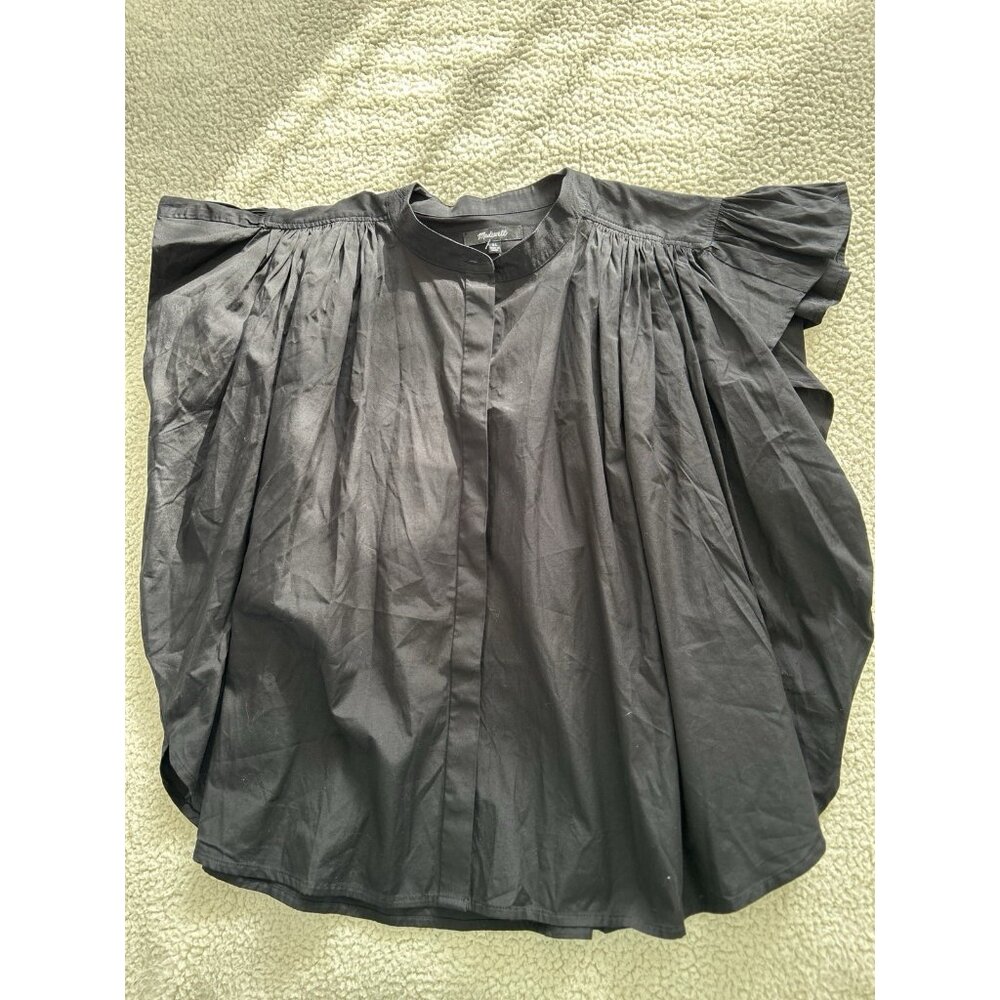 Madewell Poplin Shirred Button-Up Shirt Black Ruffle Sleeve Relaxed Fit Size XL - Picture 6 of 11